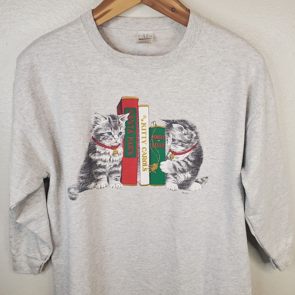 CMS Casuals Gray Sweatshirt Nightgown Sleep Shirt Christmas Cats, Books One Size